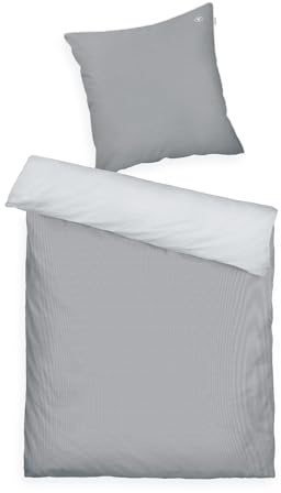 TOM TAILOR linge de lit en satin, 80 x 80 cm + 135 x 200 cm, 100 % coton, passepoil et broderie logo, fermeture éclair, FINE STRIPES Gris clair, Gris foncé (Moody Grey et Light Grey)