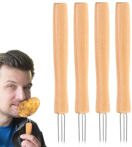 Porta pannocchie di mais – Accessorio da cucina a 3 punte con manico in legno – 4 picche per pannocchie di mais | Per barbecue casa, feste, campeggio, griglia, frutta e