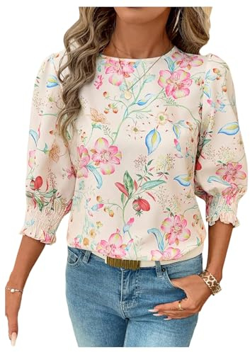 SHENHE Women's 3/4 Sleeve Blouse Floral Print Keyhole Back Dressy Business Casual Work Blouse Apricot Large