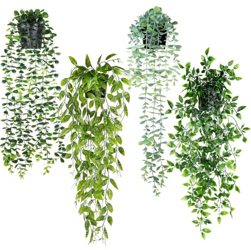 ADORAMOUR Plantas Colgantes Artificiales con Macetas, Set 4 Plantas Trepadoras Falsas, Eucalipto Falso, Eucalipto Verde, Mandevilla, Vaina Guisante, para Estante Pared, Baño, Decoración Hogar