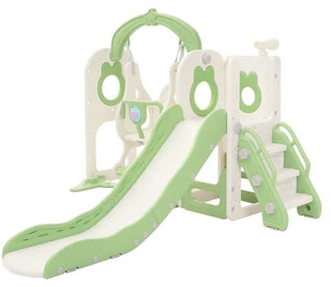 Joyz Toboggan et Balançoire Enfant 5 en 1 avec Escaliers, Télescope, Panier de Basket, Aire de Jeux Intérieure et Extérieure, Jouets Structure pour Tout-Petits, Dès 3 Ans, Plastique HDPE Vert Clair