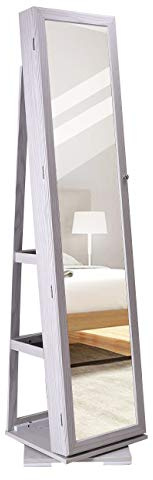 DlandHome Armadietto Portagioiera, Bloccabile con Chiavi, Specchio da Terra per Cosmetici e Trucco, Armadio Portagioielli con Base Stabile Girevole a 360°, con Ripiani per Mettere Decorazioni