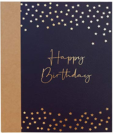 CHRIZ.Z Birthday Card - Single Happy Birthday Greeting Card with Gold Foil Stars and Lettering on Textured Dark Blue Paper with Kraft Envelope - 5 x 7 - Blank Inside
