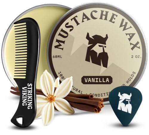 Striking Viking Kit di cera per baffi e pettine- cera per barba e baffi per uomo con d'api naturale a forte tenuta - aiuta a domare, acconciare e curare (Vaniglia (2 Oz))