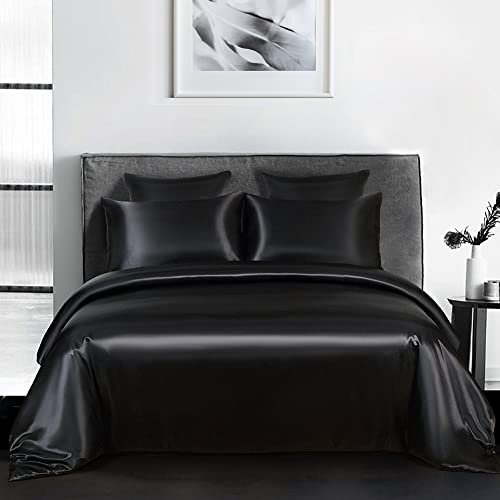 AShanlan Satin Bettwäsche 140x200 Schwarz Glänzend Bettwäsche-Sets Glatt Angenehm Glanzsatin Seiden Bettbezug 140 x 200 + Kissenbezug 70x90 cm mit Reißverschluss