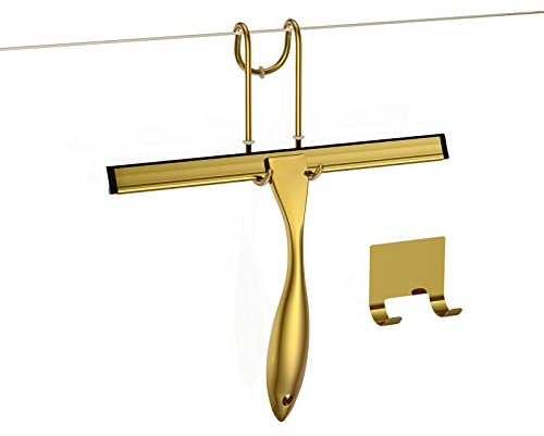 Shower Squeegee and Window Squeegee, Stainless Steel, 100% Streak-Free, Cleaner for Bathroom Showers Glass Doors, Home Mirrors, Car Windows Wiper, Adhesive Holder, Shower Door Hook, 10 Inch, Gold