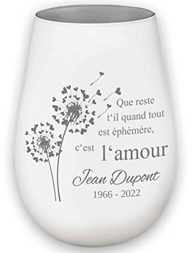 MANUFACTURE DU LASER Photophore en Verre personnalisé,nom et Date funéraire,Lumière deuil,Blanc/Argent,Que Reste t'il Quand Tout est éphémère,C'est l'amour,Lanterne présent funéraire,WL1030 12