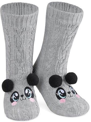 CityComfort Calze a Pantofola da Donna, Calzini Antiscivolo Donna in Caldo Pile, Calzettoni Invernali da Casa, Calze Natalizie Animali Divertenti Taglia Unica (Grigio Panda)