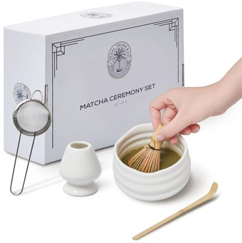 Regal Trunk Matcha Tee-Set - Keramik-Teeschale in traditioneller Größe, Schneebesenhalter und Sieb - Komplettset für die japanische Teezeremonie Matcha - 5-teiliges Matcha-Komplettset