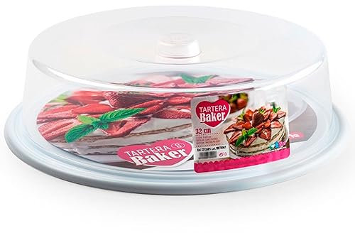 Tradineur - Boîte ronde en plastique, couvercle transparent, récipient pour transporter gâteaux, desserts, aliments, fabriquée en Espagne (base blanche, Ø 32 cm)