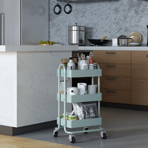 [en.casa] Servierwagen Pyhäntä Rollwagen mit 3 Ebenen Küchenwagen aus Metall Beistellwagen mit 2 Bremsen Allzweckwagen Aufbewahrungswagen für Küche Bad Büro Mintgrün