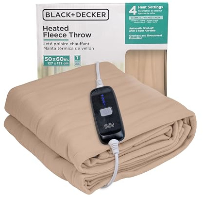 BLACK+DECKER Heated Blanket Electric Throw, Fleece Electric Blanket, Heating Blanket with 4 Heating Levels, 3H Timer, Auto Shutoff, Fast Heating (50x60 inches, Mushroom)