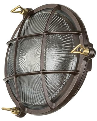 Licht-Erlebnisse Wandleuchte Außen Messing Glas in Rostbraun Antik IP64 Garten Garage Ø21 cm E27 Rustikal Maritim Schiffslampe Außenlampe Hof SERIFOS