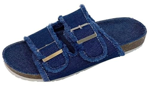 Ulalaza Claquettes en jean décontractées en tissu jean pour femme - Mules plates à bout ouvert - Sabots à plateforme - Sandales bohème antidérapantes - Dos nu - Mocassins à enfiler - Tongs de marche