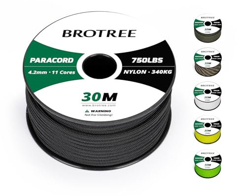 BROTREE Paracord 750lb 4mm 30M 100% Nylon Seil Typ 4 Schnur mit 11 Kern für Survival, Camping, Outdoor - 340kg Bruchlast (Schwarz)