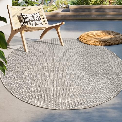 Paco Home Alfombra Exterior Interior Balcón Terraza Cocina Motivo Boho Étnico Moderno, tamaño:Ø 120 cm Redon, Color:Beige 5