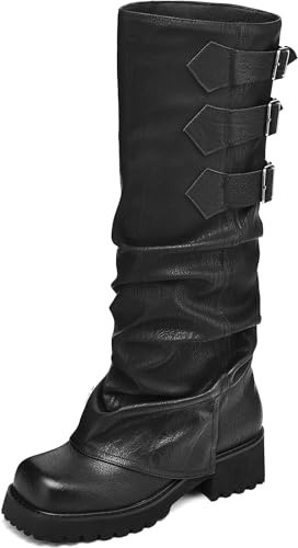 AIUNIIND Women's Fold Over Knee High Boots, Slouchy Gothic Moto Biker Boots with Buckles, Square Toe Platform Boots