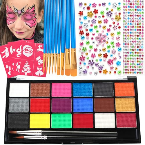 Zefphxs Face Painting Kit, 18 Colors Face Body Paint with 12 Pcs Paint Brushes 30 Stencils and 2 Gem Stickers, Safe & Non-Toxic Washable Face Paints for Children Adults Halloween Christmas Party