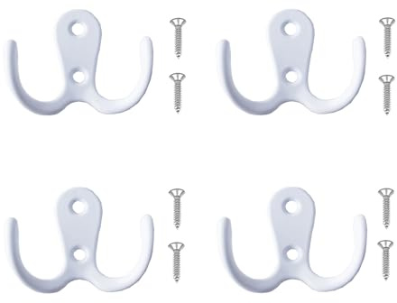 Meiyea 4 ganchos de doble bifurcación, colgador de ropa montado en la pared, adecuados para perchas de metal vintage en baños y dormitorios, con 8 tornillos, color blanco