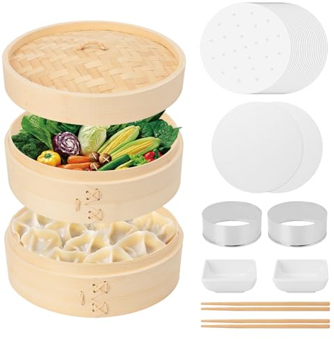 Vaporera de bambú de 8 pulgadas, cesta de vapor de bambú de 2 niveles con tapa, vaporizador de albóndigas con forros de papel, forros de silicona reutilizables, cortador, plato de salsa, palillos,
