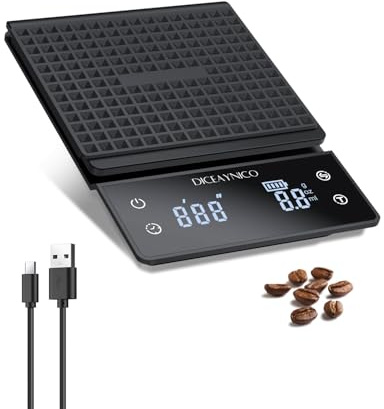 Diceyney Báscula digital de café con temporizador, 3 kg/0,1 g precisión, temporizador recargable, cuenta regresiva, báscula de espresso con almohadilla térmica
