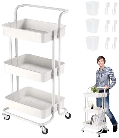 3 Tier Trolley Rolling Utility Storage Car with Wheels&Hanging Cups&Hooks | Storage Organization Shelves, for Kitchen, Bathroom, Office, Library, Coffee Bar Trolley Service Cart