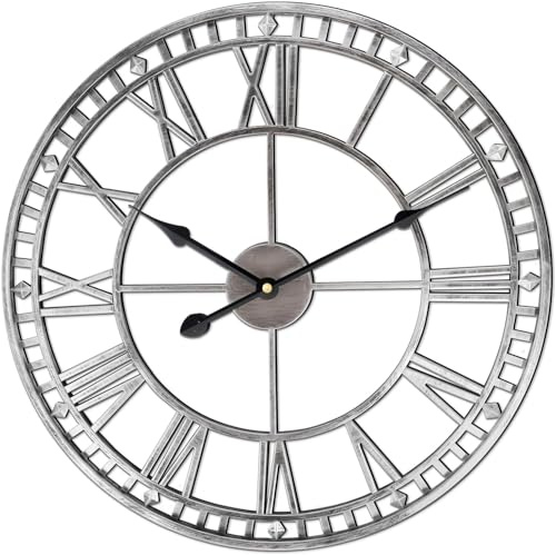 FB FunkyBuys Vintage Large Wall Clock Round Metal Silent Non-Ticking, Clock Mechanisms Battery Powered Roman Numerals Modern Wall Clocks for Living Room Bedroom (Silver-Double Edge, 60CM/ 23 Inches)