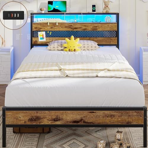 Bett 90x200 mit Lattenrost aus Metall, Bettgestell Metallbett mit Steckdose und USB-Ladefunktion Doppelbett mit Stauraum Bodenbett Jugendbett Bettrahmen für Schlafzimmer und Gästezimmer (90x200cm)