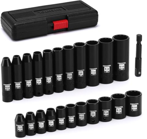 EMENTOL 1/4 Drive Impact Socket Set, 23 Pieces Deep & Shallow Socket Set, SAE 5/32-9/16, 12 Point CR-V, Includes Drill Bit Adapter