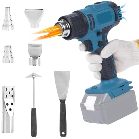 Kocusu Batteridriven varmluftspistol kompatibel med Makita 18 V batteri (utan batterier), varmluftspistol med LCD-display 50–550 ℃ justerbar, trådlös varmluftsfläkt inkl. 5 munstycken och 2 axlar för