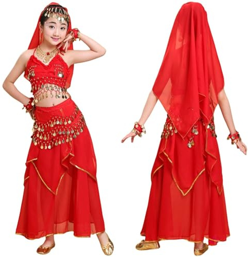 pvucpot Top Bambina Costume Da Ballerina Del Ventre, Abiti Da Ballo Latinno Per Bambine Abiti Costum A Maniche Lunghe Per Danza Del Ventre Bambina Dance Bambin Gonna Frange Ragazze