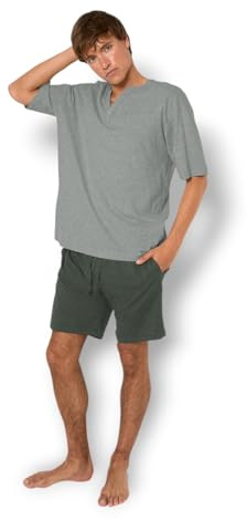 TRAMAS+ Pijama Hombre Verano 100% Algodón, Conjunto de Camiseta de Manga Corta y Pantalón Corto, Ropa de Dormir Fresca y Cómoda - M, Liso, Azul Claro