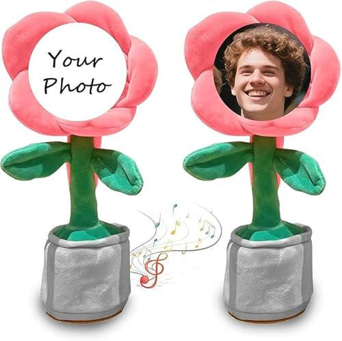 Personalized Dancing Talking Flower with Custom Face,Custom Singing Dancing Talking Sunflower Toy with Voice Recording,Flower with Face On It Custom Personalized Gifts (Watermelon Red(battery))