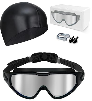 Hurdilen Swim Goggles, Anti Fog Anti UV, Wide View and No Leaking Swimming Goggles & Swim Cap for Men Women Adult Youth