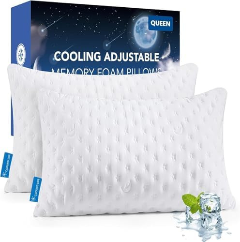 Iwacool Luxury Shredded Memory Foam Pillows 2 Pack Cooling Pillow For Hot Sleepers, Adjustable Memory Foam Bed Pillow,Medium Firm Side Sleeper Pillow for Side Back Stomach Sleepers Pillow