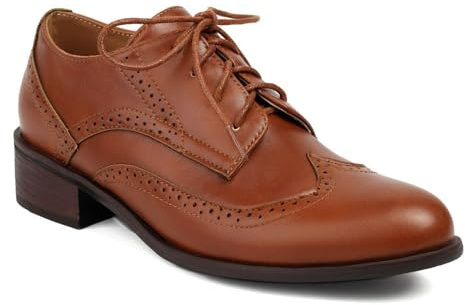 Donna Allacciare Oxford E Derby Scarpe Punta Chiusa Pelle PU Brogues Tacco A Blocco Casuale Scarpe da Vestito,Marrone,44 EU