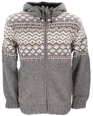 GURU SHOP Unisex Wolljacke mit Nordischem Muster, Gefütterte Strickjacke - Grau/weiß, Herren, Size:L