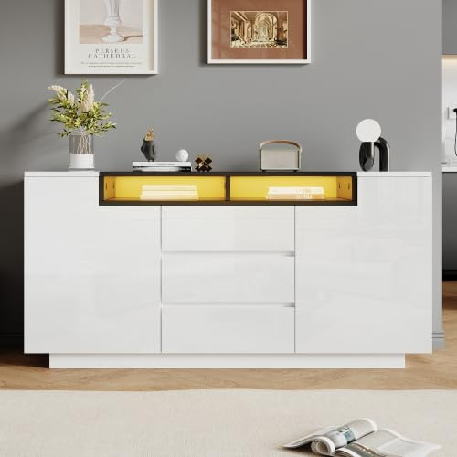 Merax Sideboard mit LED-Beleuchtung und Hochglanz-Finish, 140 cm Kommode mit 3 Schubladen und 2 Türen, Moderner Wohnzimmerschrank, Weiß und Schwarz, Multifunktionaler Aufbewahrungsschrank