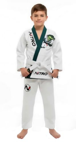 Kids Premium BJJ Gi - FREE WHITE BELT - Green Lapel - Lightweight - Alligator - Brazilian Jiu Jitsu Kid's Uniform (M3)