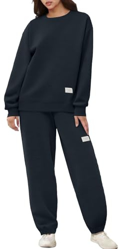 Tuta Sportiva Donna Completa 2 Pezzi Tinta Unita Girocollo Minimalista Elegante Casual Leggera Curvy con Felpa Senza Cappuccio e Pantaloni Baggy Palestra Ginnastica Workout Calda Traspirante Morbida