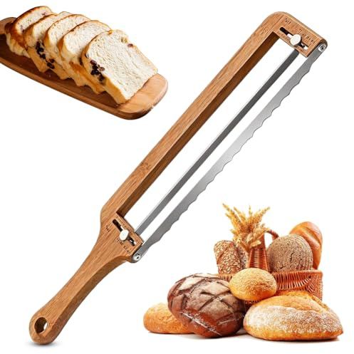Fouvin Brödkniv, justerbar tjockleksinställning, träbrödskärare för hembakat bröd, rostfritt stål brödskärningsmaskin manuell för krispigt surdegbröd och baguette