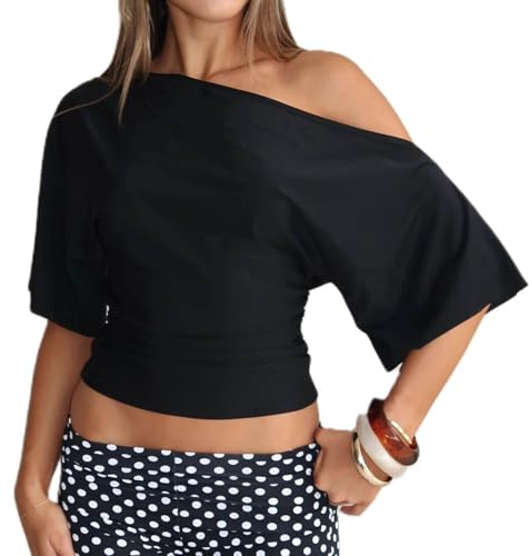 Women Cinched Waist Crop Top Y2K Off The Shoulder Short Sleeve T-Shirt Going Out Ruched Tees Summer Basic Blouse