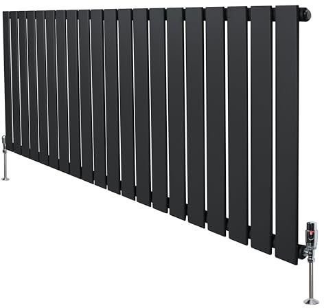 Radiatore Piatto Monocolonna 600 x 1400 mm con Valvole Termostatiche Cromate TRV, Design Moderno Orizzontale, Acciaio al Carbonio 1,5 mm, Grigio Antracite, Spazzola e Kit Staffe Inclusi