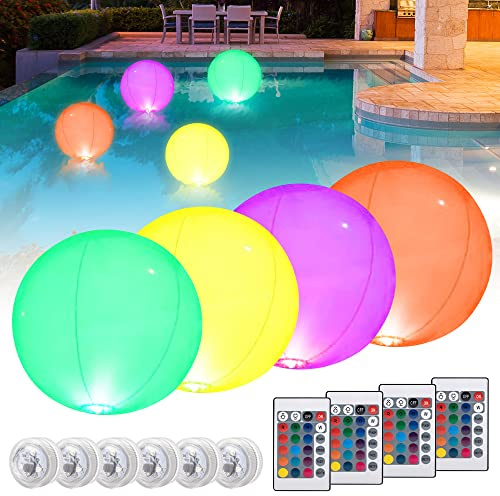 SKIKHN Lámparas Flotantes para Piscina, 4 Piezas LED Luz Lámpara Esfera con Control Remoto, Luz Piscina Flotante Impermeable IP68, RGB 16 Colores Luz de Bola LED, para Piscina, Playa, Deco de Fiesta