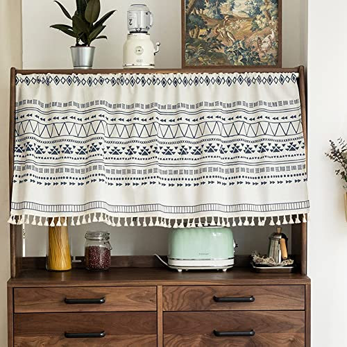 Michorinee Scheibengardine Bistrogardine Blickdicht Boho Vorhang mit Quaste Landhaus Baumwolle und Leinen Gardinen Geometrisch Kurzstore für Küche Wohnzimmer B 68 × H 45 cm, Weiß