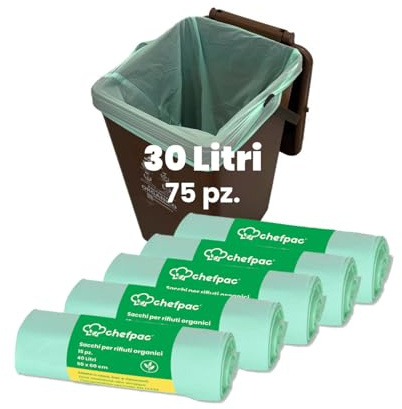 Chefpac 75 Sacchetti umido organico 50x60, sacchetti umido 30 litri, sacchetti spazzatura raccolta differenziata, sacchetti biodegradabili per umido (75)