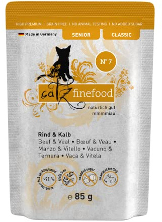 catz finefood Senior N°07 Nourriture humide pour chat au bœuf et au veau – Nourriture humide de qualité supérieure pour votre chat senior – Sans céréales, sans sucre, haute teneur en viande, vitamines