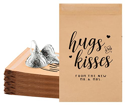 AnyDesign 150Pcs Wedding Favor Candy Buffet Bags Self-Adhesive Wedding Treat Bags Rustic Brown Kraft Paper Cookie Snack Bag Hugs & Kisses Wedding Party Favor Bags for Gifts, 5 x 7 Inch