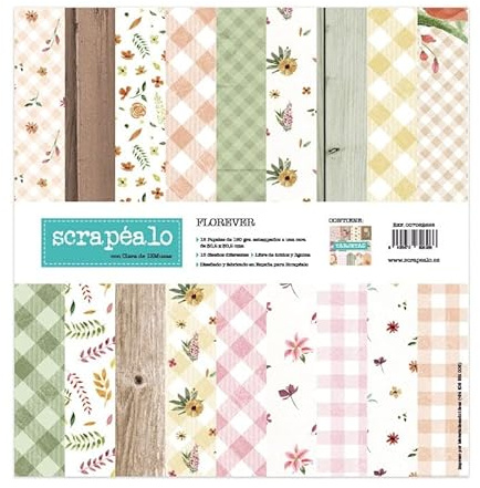 Florever: Colección de 18 papeles para scrapbooking con hoja de tarjetas recortables | tamaño de 30,5 x 30,5 cm. | papel de 190 gr./m² | 12 papeles impresos a color a una cara. | Incluye diecuts.