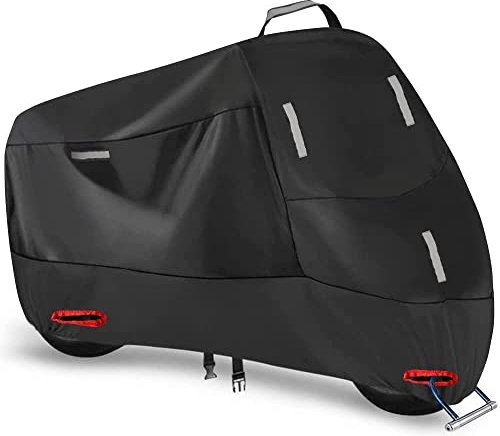 Funda Moto Impermeable Exterior Interior, 300D Cubierta para Scooter Motocross Motocicleta con 5 Tiras Reflectantes y 2 Orificios para Cerradura, 2 Hebillas de fijación (M: 200 x 90 x 100 cm)
